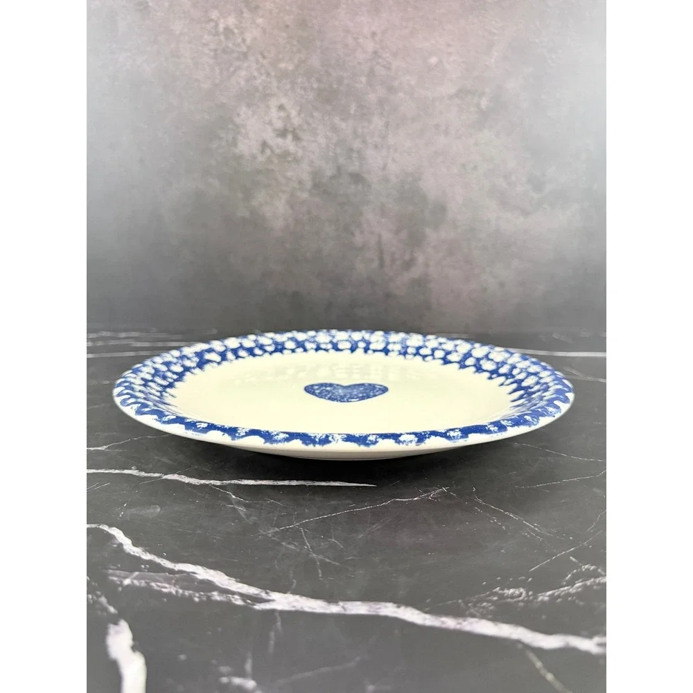 VTG Tienshen Folk Craft Hearts Blue White Spongeware 10 3/8in Dinner Plate READ
